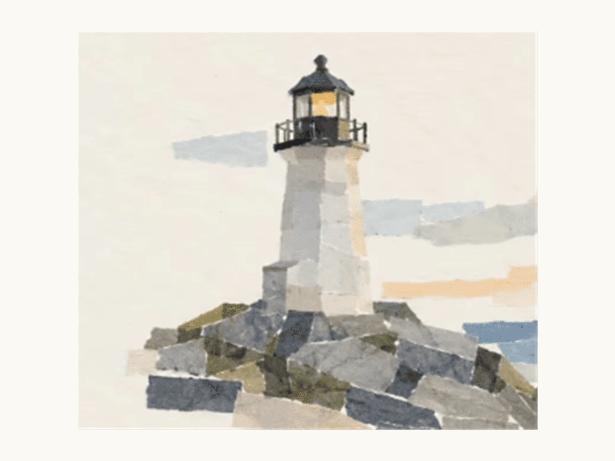 Washi Tape collage illustration of a white lighthouse, rocky coast, sea, and setting sun