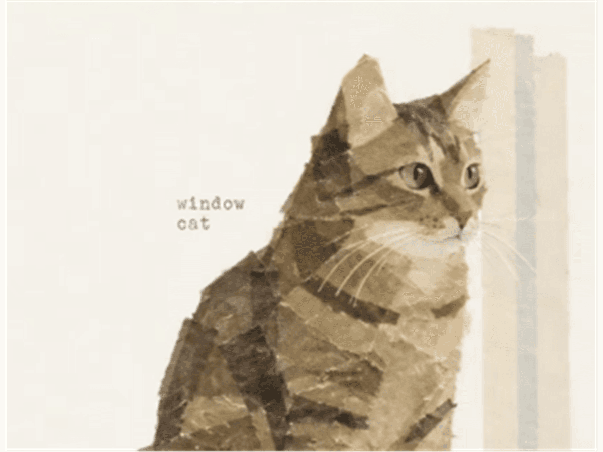AI Washi Tape collage illustration of a tabby cat by a sunlit window, built from layered brown, cream, and charcoal paper tape on warm-white paper