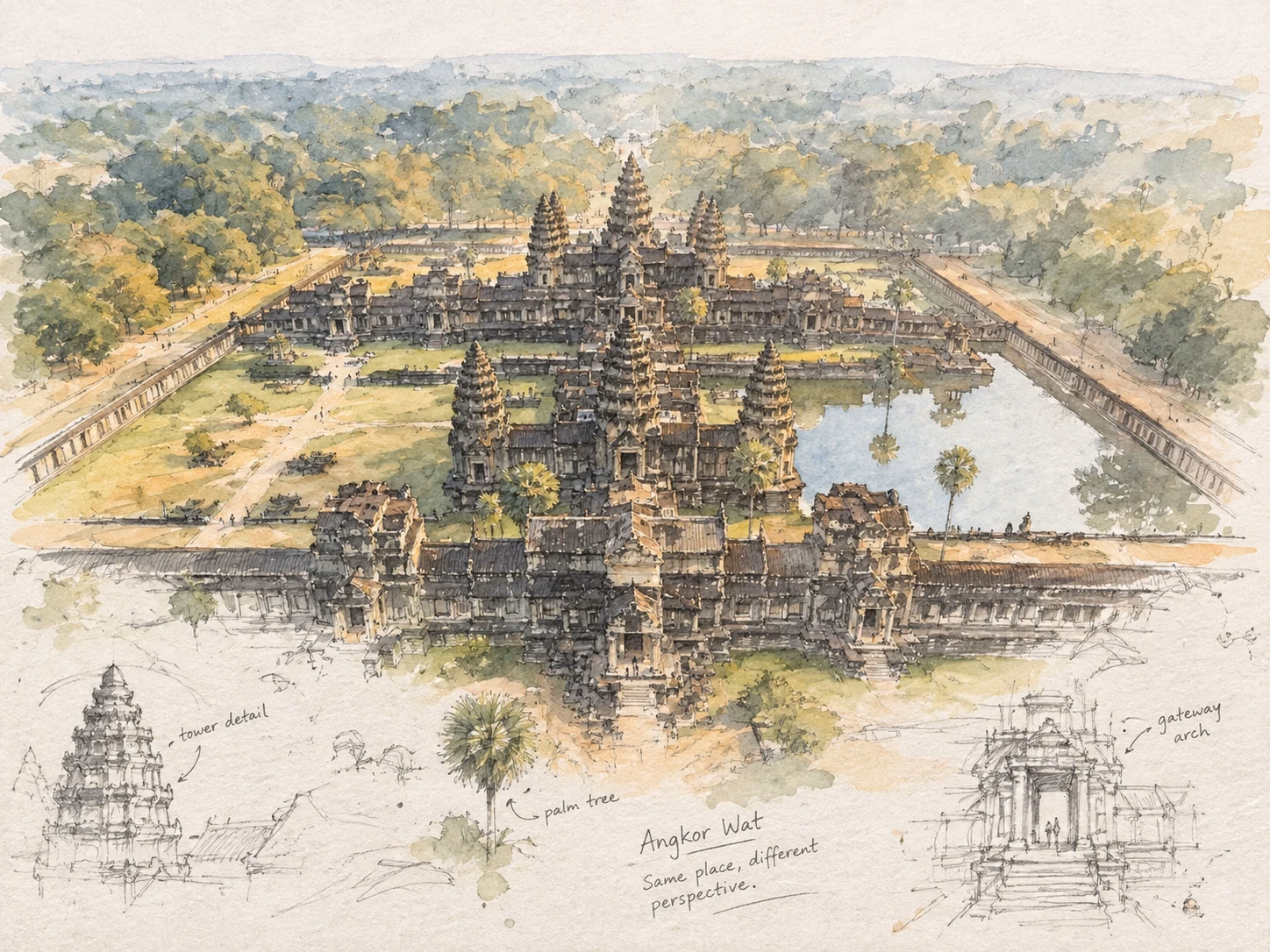 Travel journal style illustration of Angkor Wat
