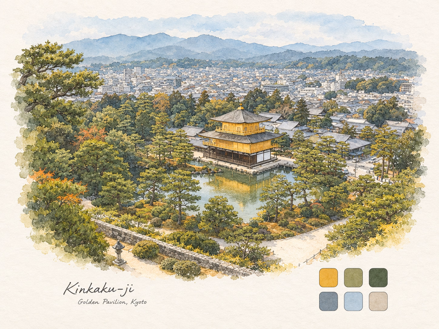 Watercolour urban sketch of Kinkaku-ji in Kyoto