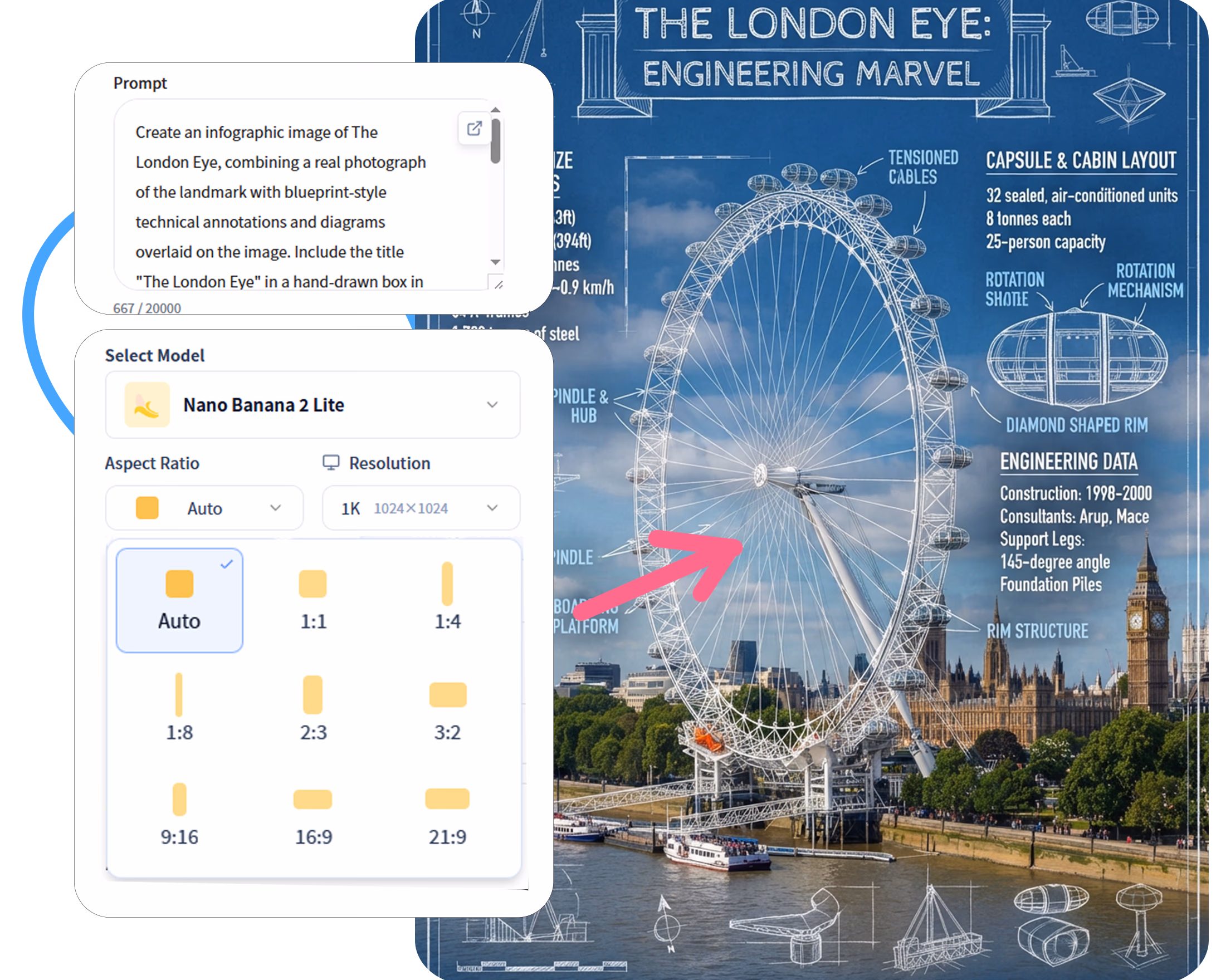 London Eye technical infographic created with AI