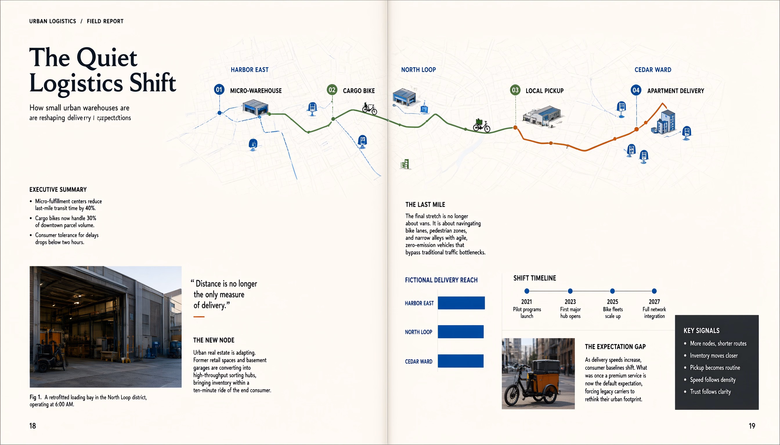 Editorial report spread with a headline, supporting copy, data graphic, timeline, and captions