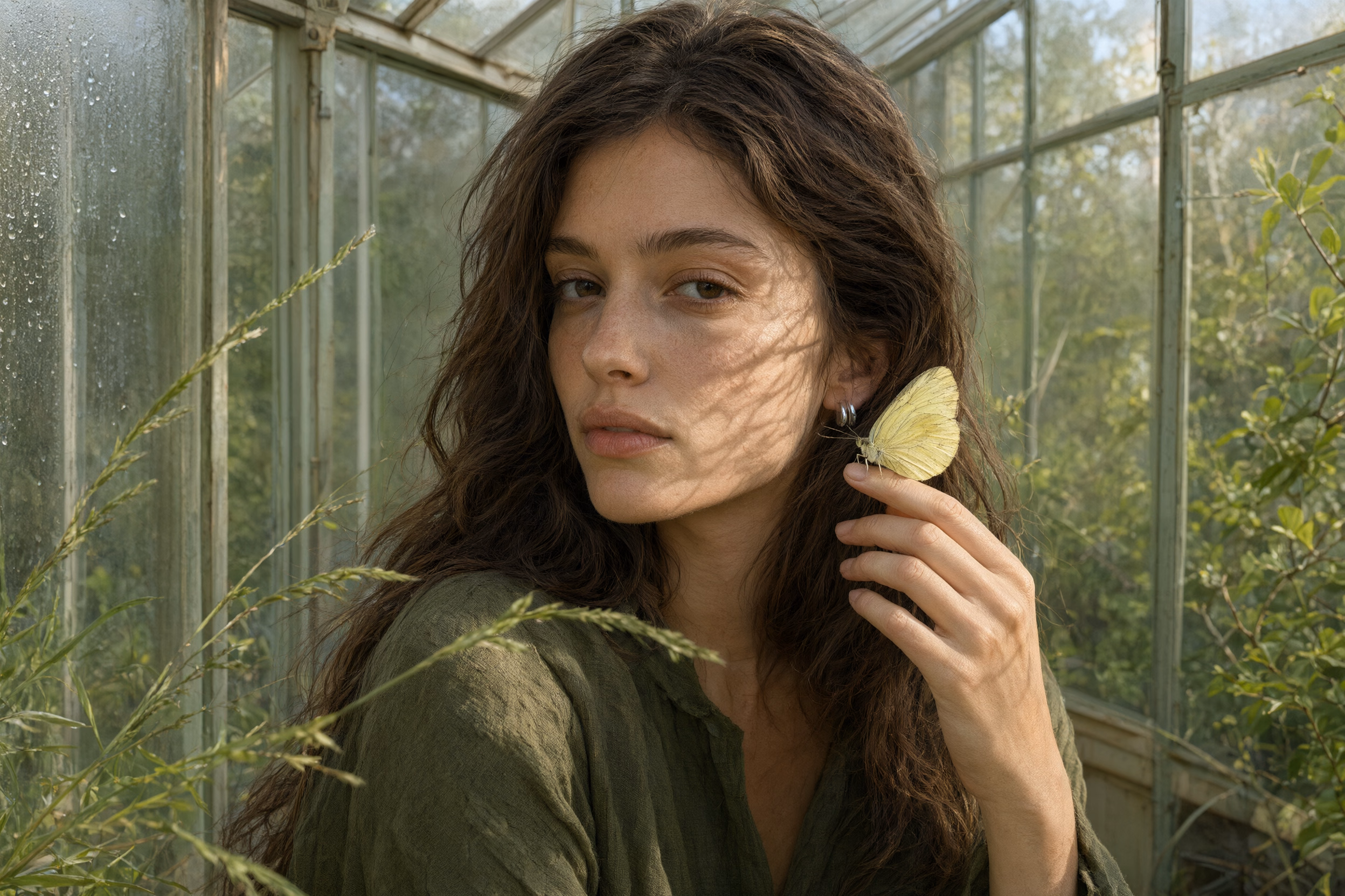 Photorealistic portrait generated by Qwen Image 3.0, showing detailed skin, long hair, a translucent leaf, woven fabric, and natural light