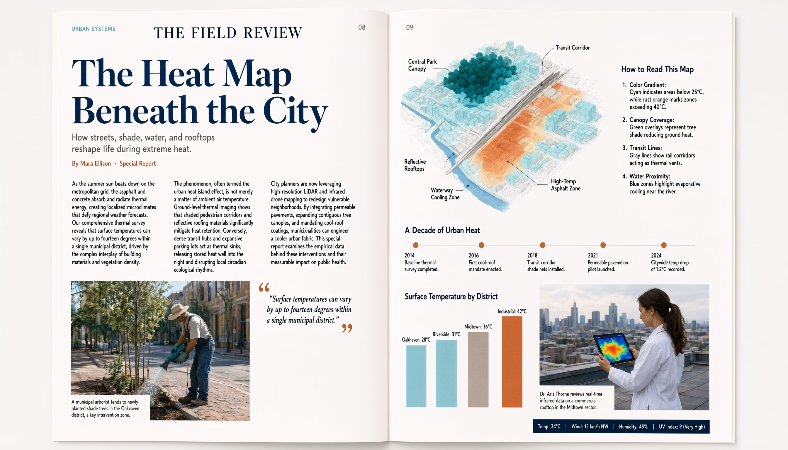 Qwen Image 3.0 generated editorial spread with a headline, columns, captions, data visualization, and timeline