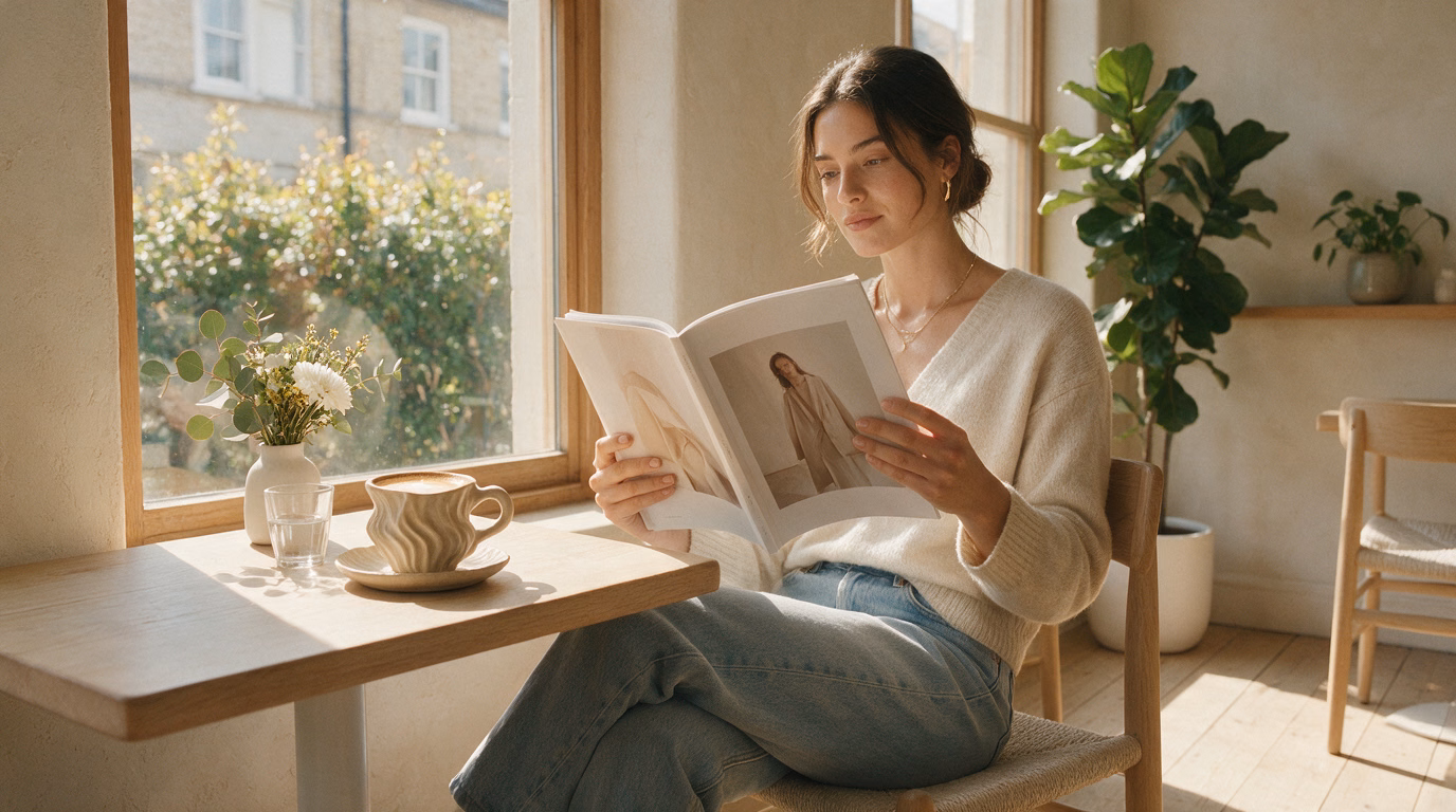 Editorial lifestyle photo in a sunlit cafe